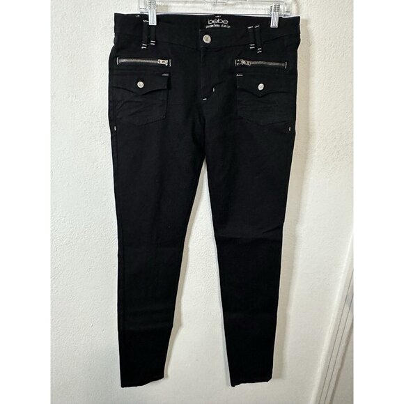 BEBE Women’s Mid Rise Slim Fit Zip Accents Black Jeans Size 31 - Picture 1 of 11